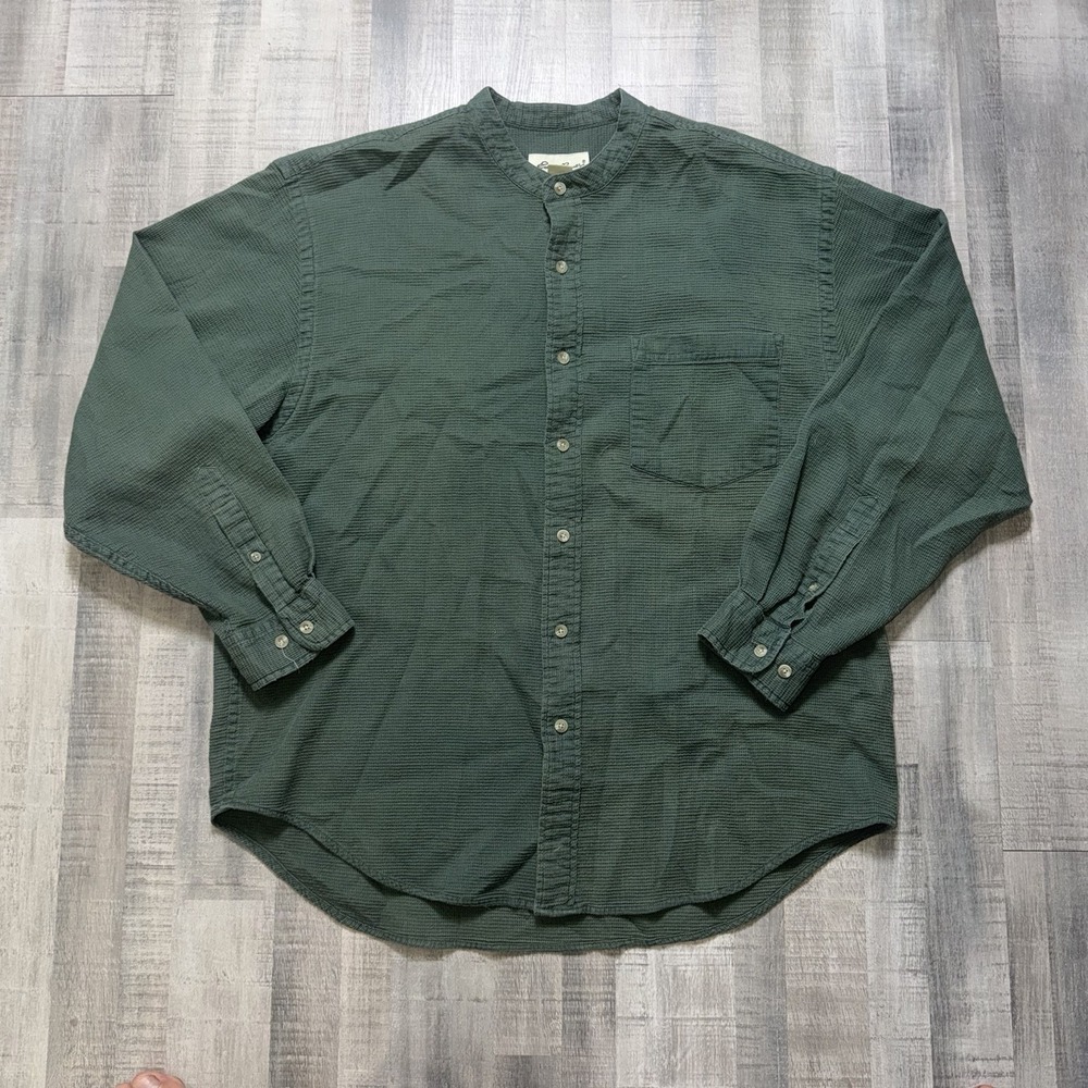 Vintage Eddie Bauer Band Collar Button Down Long Sleeve Shirt Mens Large Green